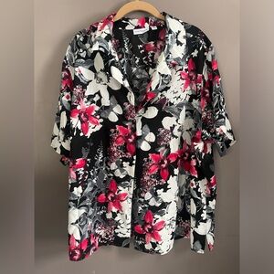 Susan Graver Floral Hawaiian Liquid Knit Button Down Black & Pink Vintage 2X